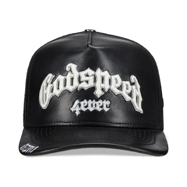 Godspeed Forever Black Leather Trucker Hat Hover Image
